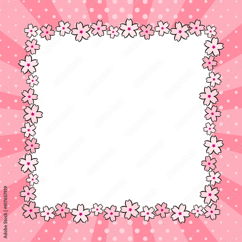 Spring pink square frame made from hand-drawn sakura flowers. Ray Template for Spring, blossom. Japan, photo album, greeting card. Vector illustration in pop art style.