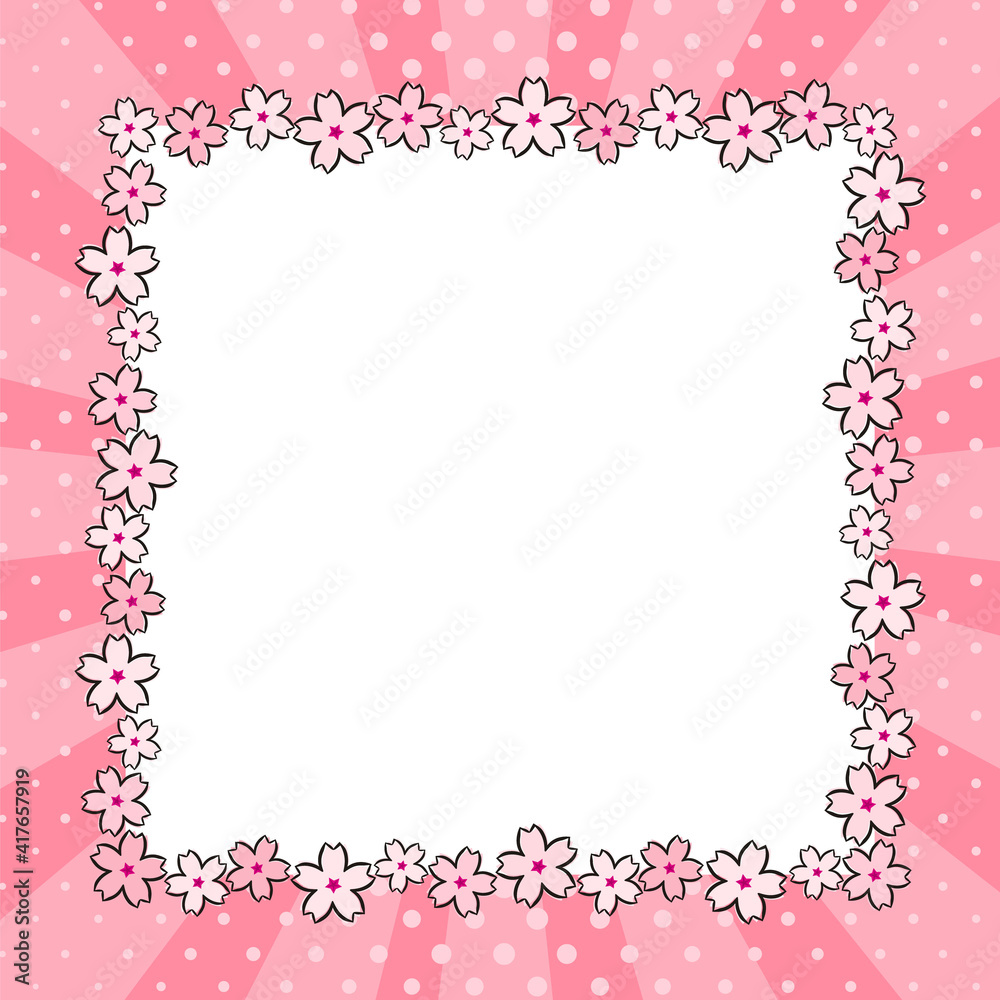 Spring pink square frame made from hand-drawn sakura flowers. Ray Template for Spring, blossom. Japan, photo album, greeting card. Vector illustration in pop art style. Spring pink square frame made from hand-drawn sakura flowers. Ray Template for Spring, blossom. Japan, photo album, greeting card. Vector illustration in pop art style.
