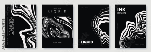 Black and white abstract poster design with liquid lines. White curves and wavy lines on dark black background. A4 size. Ideal for banner, flyer, invitation, cover, business card. Vector illustration