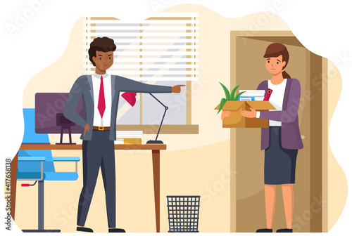 Layoff concept. Boss dismissed employee. Unhappy fired woman leave the office with things in box. Unemployment dismissal of fellow workers. Crisis, jobless and employee job reduction concept