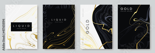 luxury poster design. Collection of liquid gold marble texture on black and white background. Set of premium banners, a4 size. Ideal for flyer, wedding invitation, cover, business card. Vector eps 10