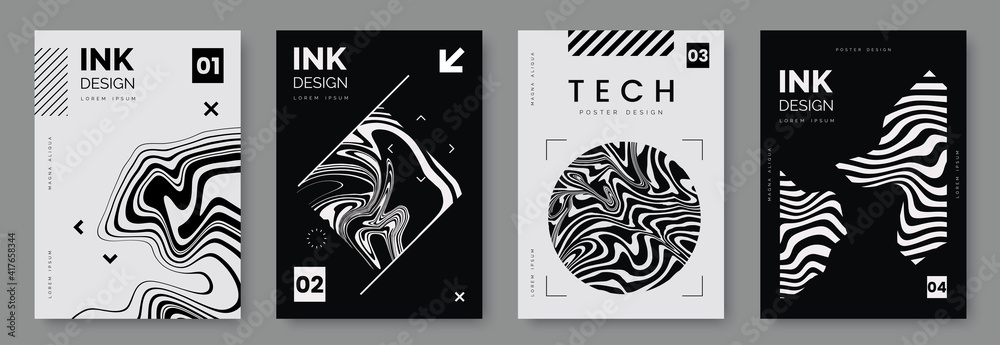 Black and white poster design with liquid and curve lines, abstract