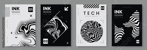 Fényképezés Black and white poster design with liquid and curve lines, abstract geometric shapes and place for text
