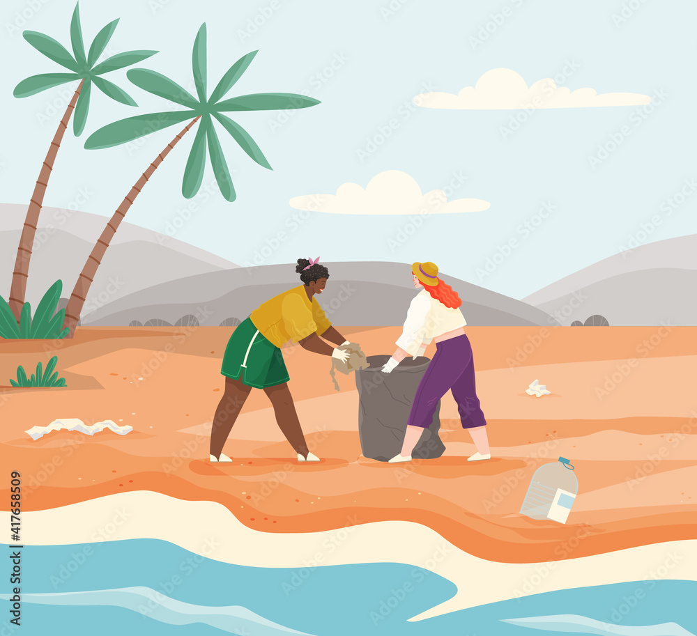 Volunteers are cleaning territory. People volunteering collect garbage on contaminated area. Female characters throwing trash to rubbish bag. Girls remove paper waste on sandy beach with palm trees