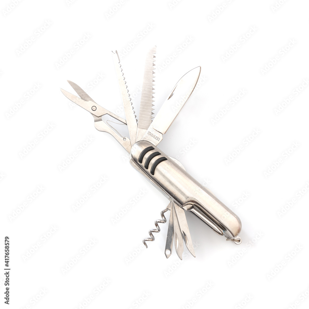 Silver pocket,multi-function swiss army pocket knife tool on white background, camping tools, close-up. Silver pocket,multi-function swiss army pocket knife tool on white background, camping tools, close-up.