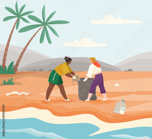 Volunteers are cleaning territory. People volunteering collect garbage on contaminated area. Female characters throwing trash to rubbish bag. Girls remove paper waste on sandy beach with palm trees