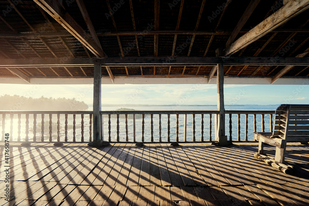 Fototapeta premium Wooden terrace with wonderful sea view.