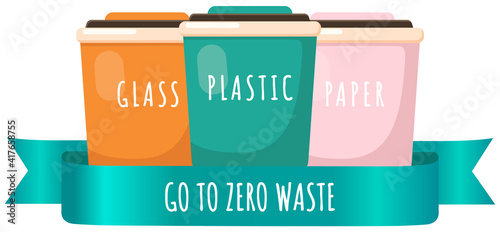 Garbage sorting. Different color recycle bins with glass, plastic and paper. Recycling or reuse. Less garbage on planet. Zero waste ecology concept. Clean planet and environment care, stop pollution