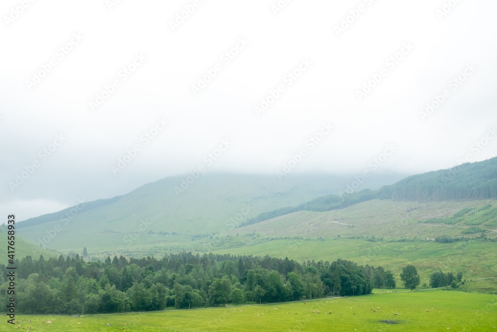 Scenic Landscape View of Mountain Forest with Fog, in Scottish Highland.