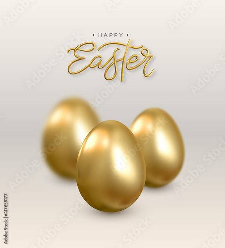 Happy Easter. Realistic vector 3d background with golden eggs.