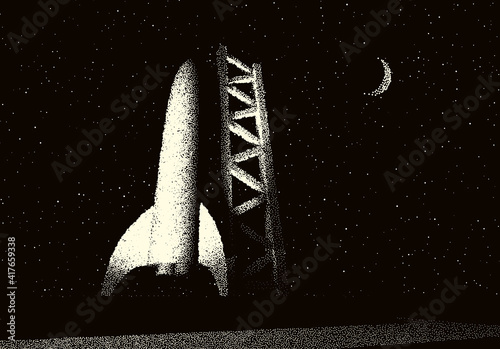 Space rocket ready to start on launching site. Spaceship takeoff countdown illustration with retro dotwork style