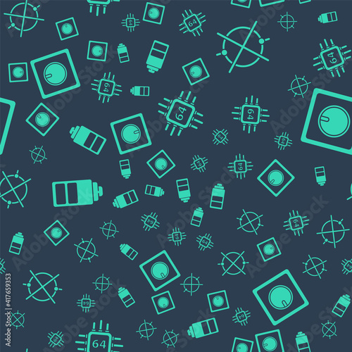 Set Processor with microcircuits CPU, Electric circuit scheme, Battery charge level indicator and Electric light switch on seamless pattern. Vector.