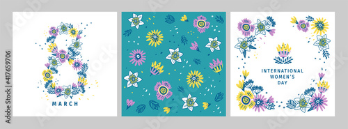 Womens Day background for card. Set for March 8. International women's day of rights and femininity day. Square card, frame, seamless pattern with spring flowers for woman. Women's day. Eight. Vector.