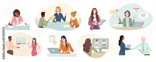 Eight different scenes showing a successful businesswoman at work with handshake, yoga relaxation, in a meeting, boss, teamwork and creative editing, set of isolated cartoon flat vector illustrations