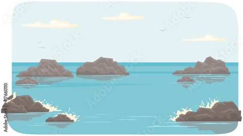 Landscape with salty water on seashore. Waves hit rocks and spray scatters. Water surface of sea with stones. Ocean landscape vector illustration. Vacation at sea and pastime in fresh air concept