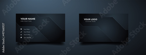 Business card design template with modern shape. Dark gradient abstract background. Vector illustration ready to print.