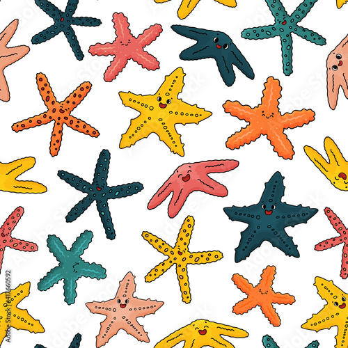 Seamless pattern of vector outline cartoon sea stars Starfish with eyes, smile. Doodle Marine invertebrates with five arms, brightly colored in red, orange, yellow, blue. Isolated on white background.