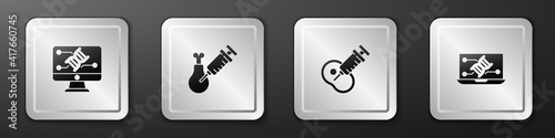 Set Genetic engineering modification, Gmo research chicken, Genetically modified meat and icon. Silver square button. Vector.