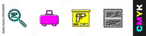 Set Pistol or gun search, Weapon case, Military ammunition box and Hunting shop weapon icon. Vector.