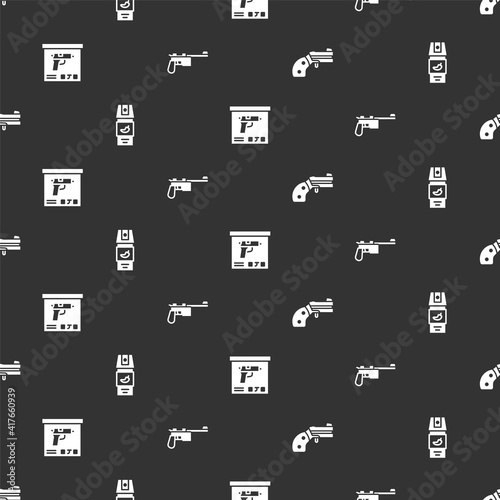 Set Small gun revolver, Pepper spray, Military ammunition box and Mauser on seamless pattern. Vector.