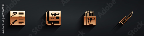 Set Weapon catalog, Book with pistol or gun, Buying and Bayonet rifle icon with long shadow. Vector.