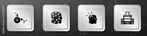 Set Wheelchair, Psoriasis or eczema rash, Man having headache and Medical hospital building icon. Silver square button. Vector.
