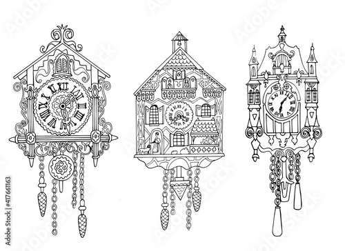 A set of old German cuckoo clocks. A collection of carved retro clocks isolated on a white background. Vector drawing in the sketch style. Coloring pages for children and adults. For home design