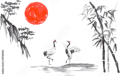 Japan traditional sumi-e painting. Fuji mountain, sakura, sunset. Japan sun. Indian ink vector illustration. Japanese picture.