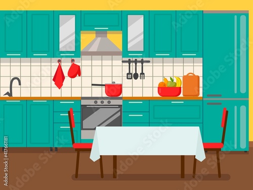 Fototapeta Naklejka Na Ścianę i Meble -  Kitchen interior with furniture and stove, cupboard, dishes, fridge, and utensils. Table with chairs. Flat cartoon-style vector illustration.