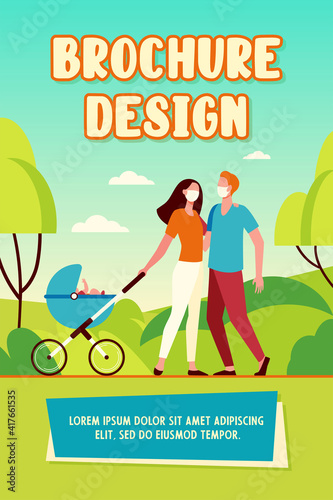 Family with baby in pram wearing masks. Kid, buggy, park flat vector illustration. Pandemic and protection concept for banner, website design or landing web page