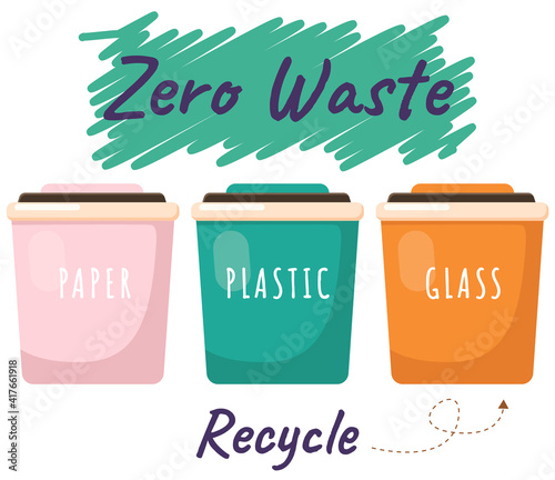 Garbage sorting. Different color recycle bins with glass, plastic and paper. Recycling or reuse. Less garbage on planet. Zero waste ecology concept. Clean planet and environment care, stop pollution