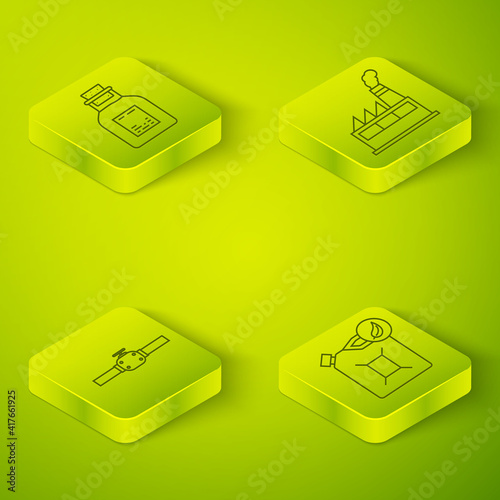 Set Isometric Oil industrial factory building, Industry pipes and valve, Bio fuel canister and Oil petrol test tube icon. Vector.