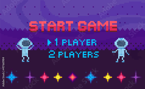 Game start and player selection interface. Pixel game home page. Astronauts flying in space sky. Retro 8-bit app logo and design layout. Aliens in spacesuits for video gaming in pixel style
