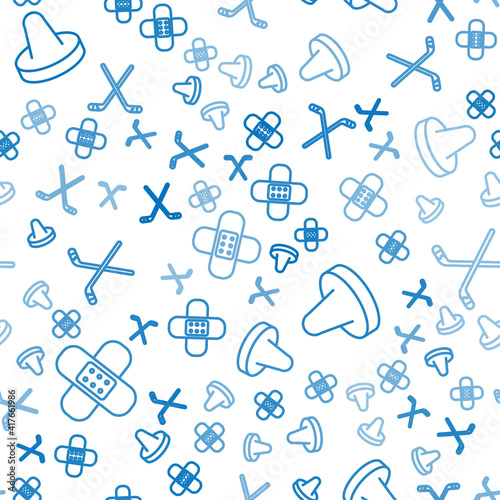Set line Crossed bandage plaster, Mallet for playing air hockey and Ice hockey sticks on seamless pattern. Vector.