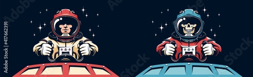 Astronaut pilot skull in spacesuit. Spaceman skeleton holds the steering wheel of spaceship. Vector illustration.