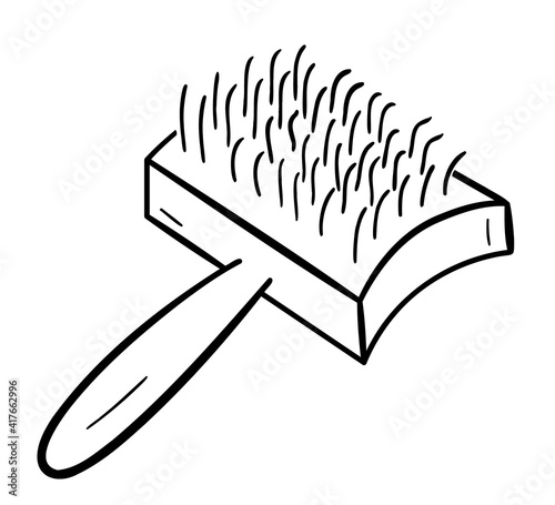 Groomer tool for combing pet hair. Isolated doodle drawing, one object on a white.