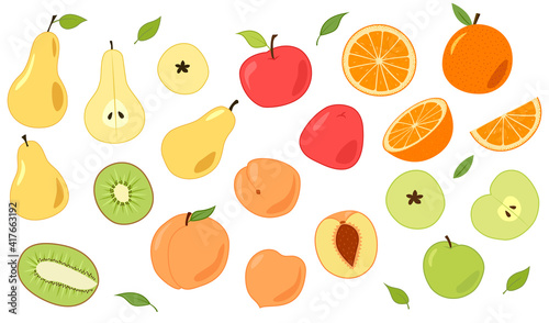 Fototapeta Naklejka Na Ścianę i Meble -  Set of cartoon fruits. Citrus oranges and apples, Green kiwis and yellow pears, tender peaches. Colored isolated objects on a white.