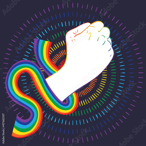 Rainbow clenched fist with ribbon design