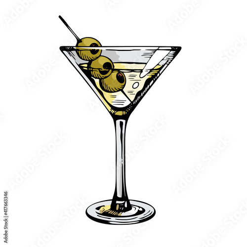Martini glass with olives. Hand drawn alcohol cocktail, vector illustration isolated on white