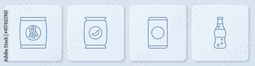 Set line Hard bread chucks crackers, Soda can with straw, Bag or packet potato chips and Bottle of water. White square button. Vector.