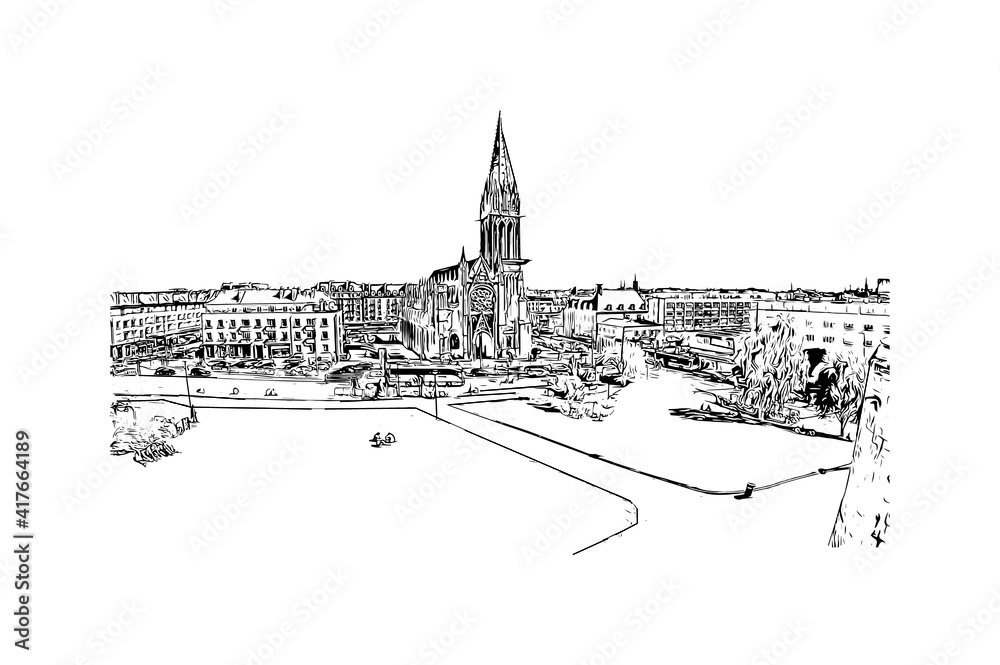 Building view with landmark of Caen is a port city and capital of Calvados department in northern France. Hand drawn sketch illustration in vector.