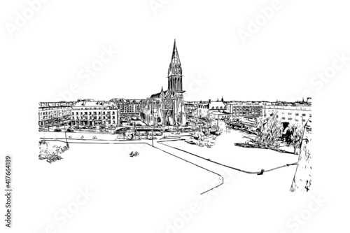 Obraz na płótnie Building view with landmark of Caen is a port city and capital of Calvados department in northern France. Hand drawn sketch illustration in vector. w salonie