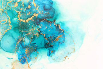 art photography of abstract fluid art painting with alcohol ink, blue and gold colors
