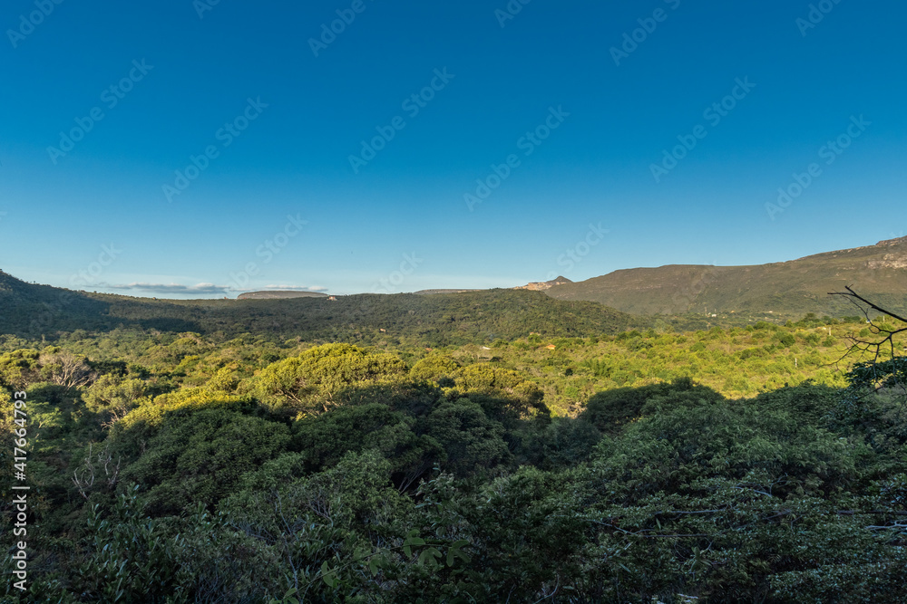 Trees, mountain, rocks in the Chapada Diamantina National Park.