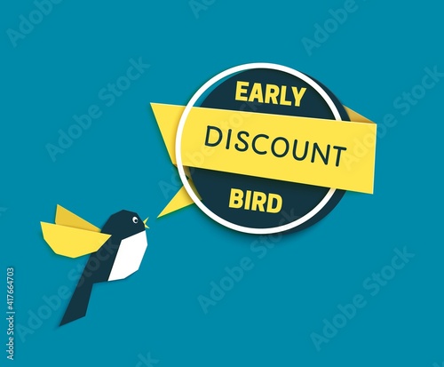 Early bird discount banner in paper cut style. Speech bubble with geometric shapes. Special discount sale event banner or poster with chirping cute bird. Vector flat illustration. Advertising template