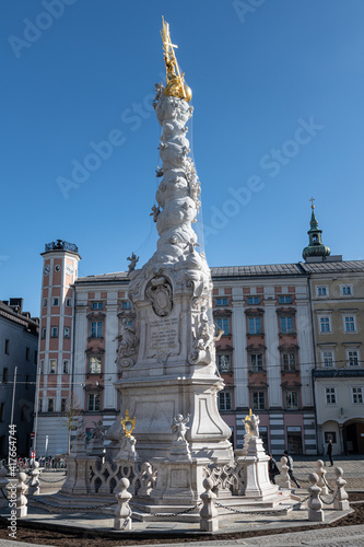 Linz, Austria 28.02.2021 Holy Trinity column on the Main Square (Hauptplatz).