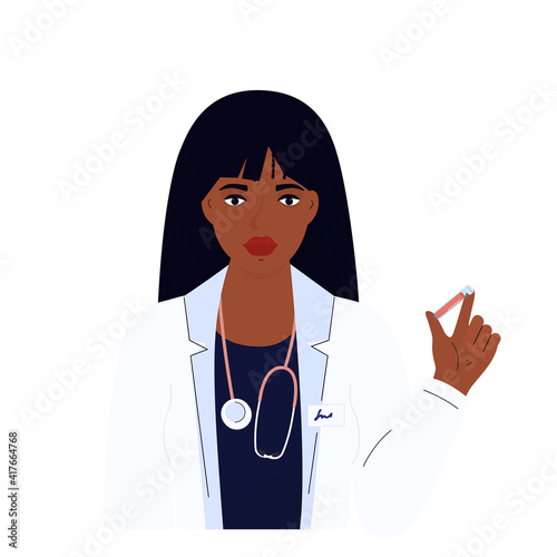 Female doctor. African American woman in a white gown. Hospital staff
