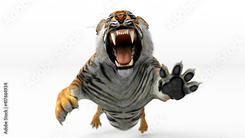 Tiger jump and leaping attack to camera realistic 3d rendering include alpha path.