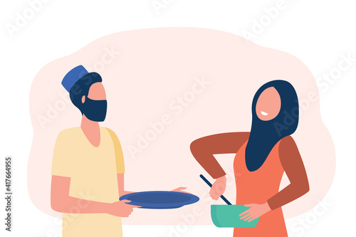 Muslim couple cooking together. Man and woman in hijab using dish and ladle. Flat vector illustration. Arabic family, kitchen, domestic chores concept for banner, website design or landing web page