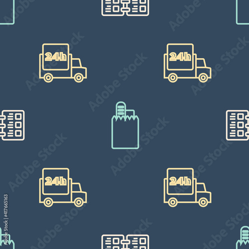Set line Restaurant cafe menu, Fast delivery by car and Online ordering and on seamless pattern. Vector.
